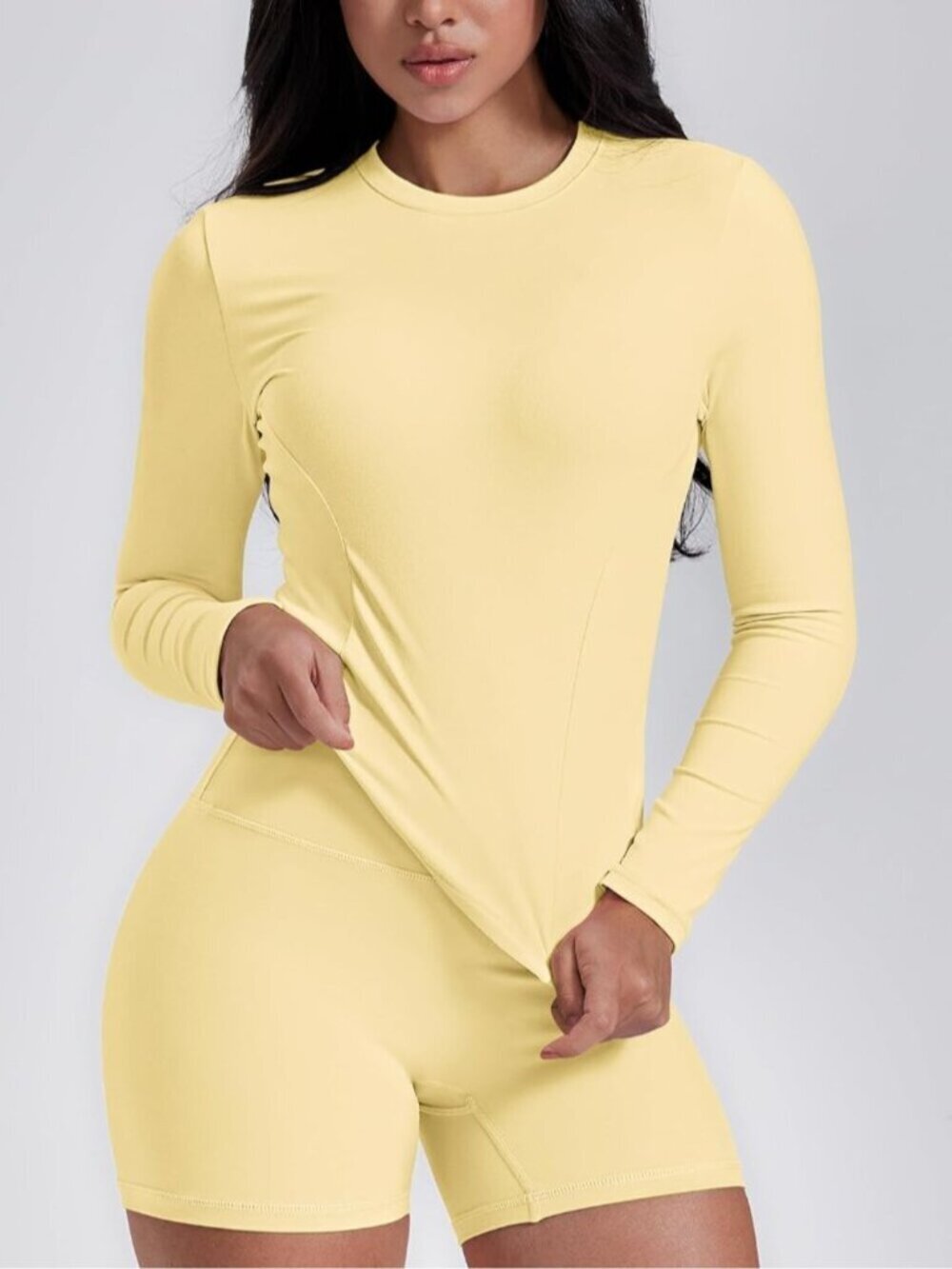 〽️Women Yellow Long Sleeve Workout Shirt Cropped Athletic Top Slim Fit Crew Neck